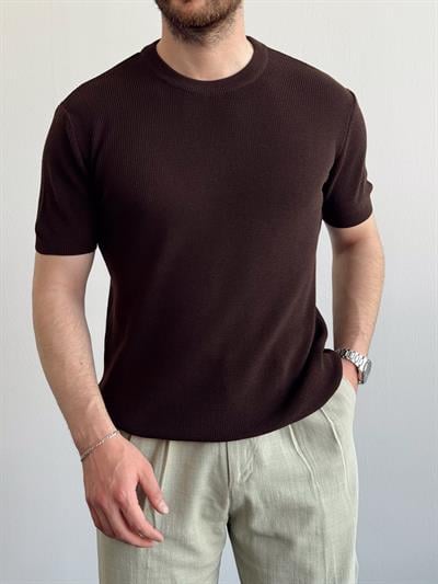Erkek Yüksek Kalite Örme Triko Oversize Kalıp Bisiklet Yaka T-Shirt-Acı Kahve(E1290)Ketench