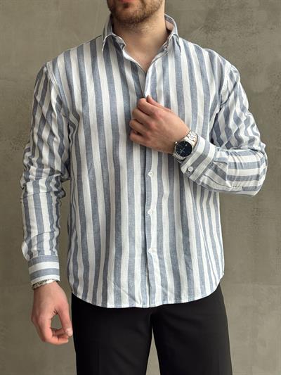 Erkek Yüksek Kalite Oversize Kalıp %100 Pamuk Kalın Çizgili Gömlek-Lacivert(E1600)