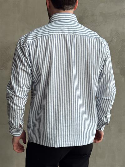 Erkek Yüksek Kalite Oversize Kalıp %100 Pamuk Nakış Detaylı Çizgili Gömlek-Lacivert(E1599)