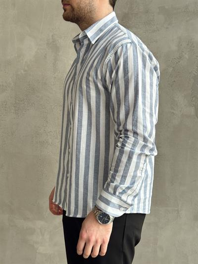 Erkek Yüksek Kalite Oversize Kalıp %100 Pamuk Kalın Çizgili Gömlek-Lacivert(E1600)
