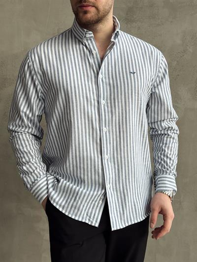 Erkek Yüksek Kalite Oversize Kalıp %100 Pamuk Nakış Detaylı Çizgili Gömlek-Lacivert(E1599)