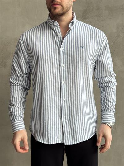 Erkek Yüksek Kalite Oversize Kalıp %100 Pamuk Nakış Detaylı Çizgili Gömlek-Lacivert(E1599)