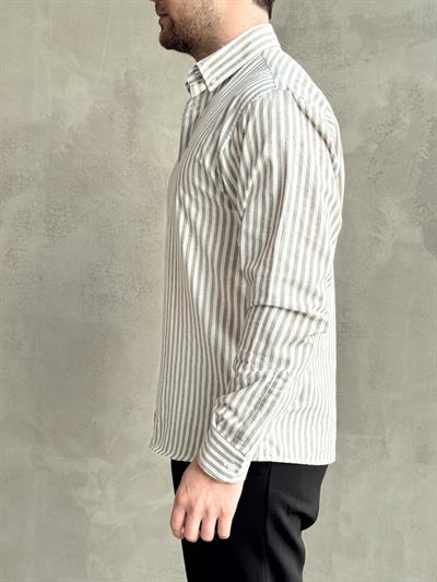 Erkek Yüksek Kalite Oversize Kalıp %100 Pamuk Nakış Detaylı Çizgili Gömlek-Haki(E1599)