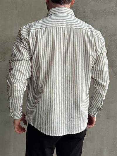 Erkek Yüksek Kalite Oversize Kalıp %100 Pamuk Nakış Detaylı Çizgili Gömlek-Haki(E1599)