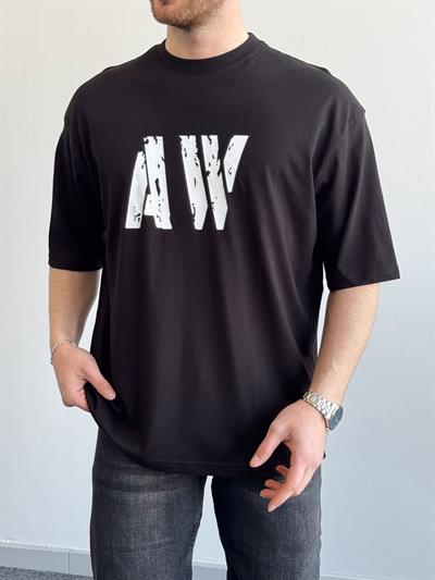 Erkek Yüksek Kalite Oversize Kalıp AW Baskı Detay T-Shirt-Siyah(E1373)