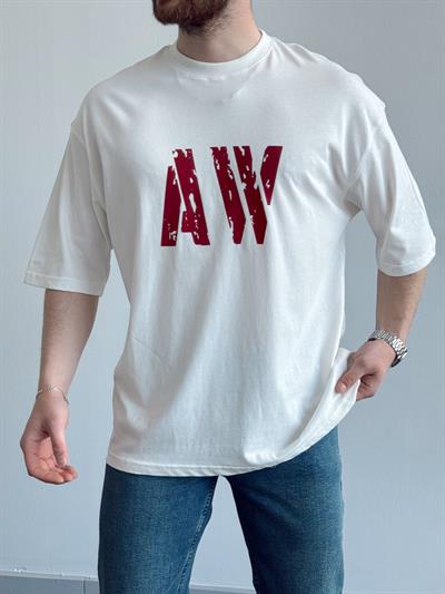 Erkek Yüksek Kalite Oversize Kalıp AW Baskı Detay T-Shirt-Beyaz(E1373)