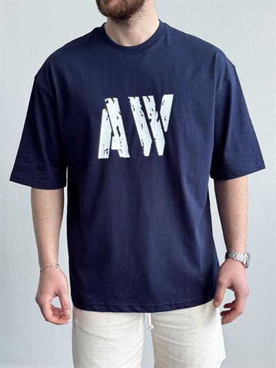 Erkek Yüksek Kalite Oversize Kalıp AW Baskı Detay T-Shirt-Lacivert(E1373)