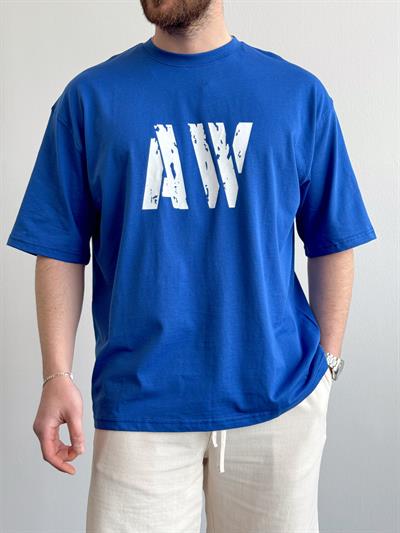 Erkek Yüksek Kalite Oversize Kalıp AW Baskı Detay T-Shirt-Saks(E1373)