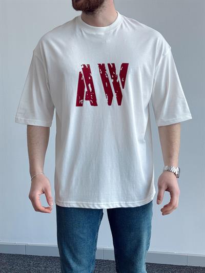 Erkek Yüksek Kalite Oversize Kalıp AW Baskı Detay T-Shirt-Beyaz(E1373)