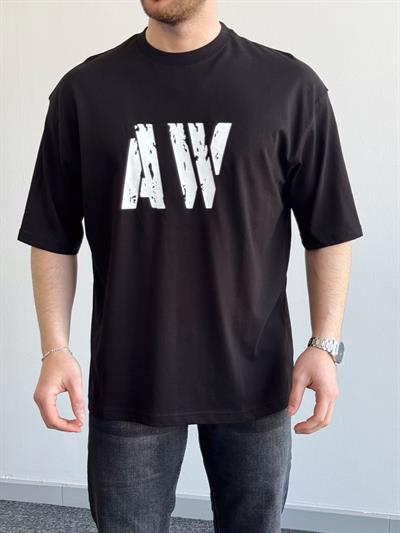 Erkek Yüksek Kalite Oversize Kalıp AW Baskı Detay T-Shirt-Siyah(E1373)