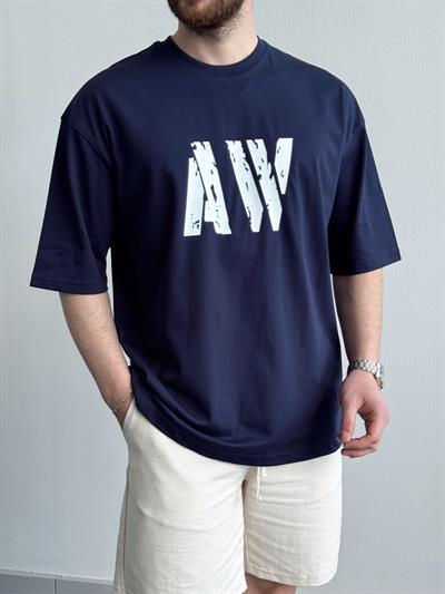 Erkek Yüksek Kalite Oversize Kalıp AW Baskı Detay T-Shirt-Lacivert(E1373)
