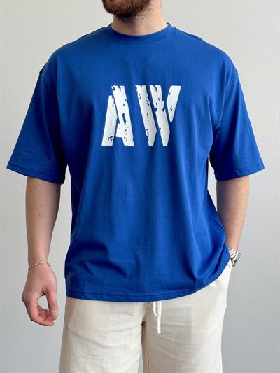 Erkek Yüksek Kalite Oversize Kalıp AW Baskı Detay T-Shirt-Saks(E1373)