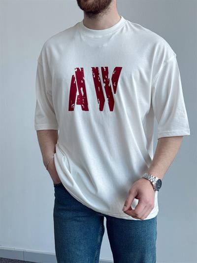 Erkek Yüksek Kalite Oversize Kalıp AW Baskı Detay T-Shirt-Beyaz(E1373)