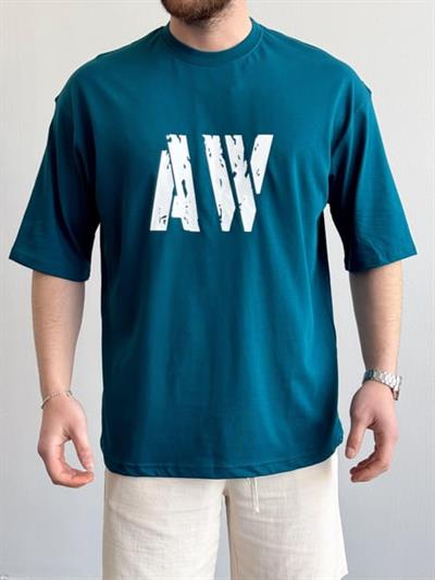 Erkek Yüksek Kalite Oversize Kalıp AW Baskı Detay T-Shirt-Petrol(E1373)