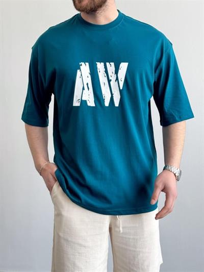 Erkek Yüksek Kalite Oversize Kalıp AW Baskı Detay T-Shirt-Petrol(E1373)