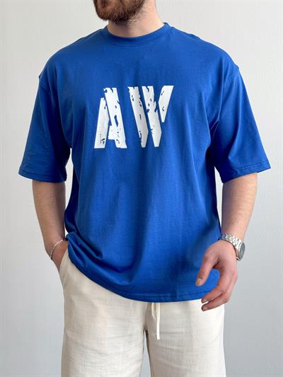 Erkek Yüksek Kalite Oversize Kalıp AW Baskı Detay T-Shirt-Saks(E1373)