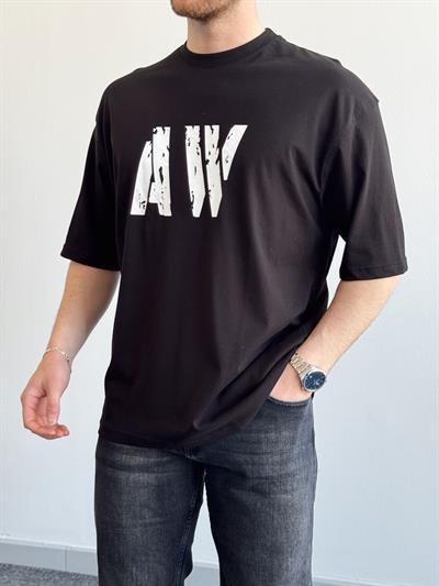 Erkek Yüksek Kalite Oversize Kalıp AW Baskı Detay T-Shirt-Siyah(E1373)