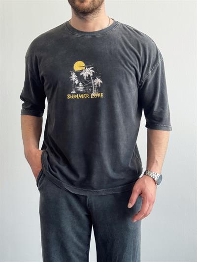 Erkek Yüksek Kalite Oversize Kalıp Bisiklet Yaka Summer Love Baskılı T-Shirt-Siyah(E1419)