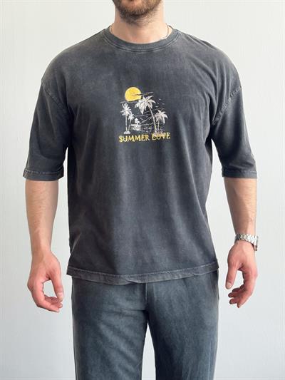 Erkek Yüksek Kalite Oversize Kalıp Bisiklet Yaka Summer Love Baskılı T-Shirt-Siyah(E1419)