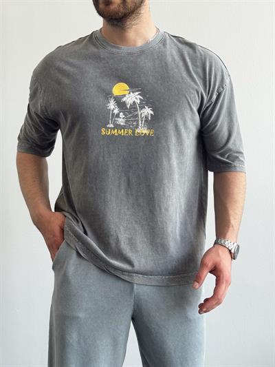 Erkek Yüksek Kalite Oversize Kalıp Bisiklet Yaka Summer Love Baskılı T-Shirt-Füme(E1419)