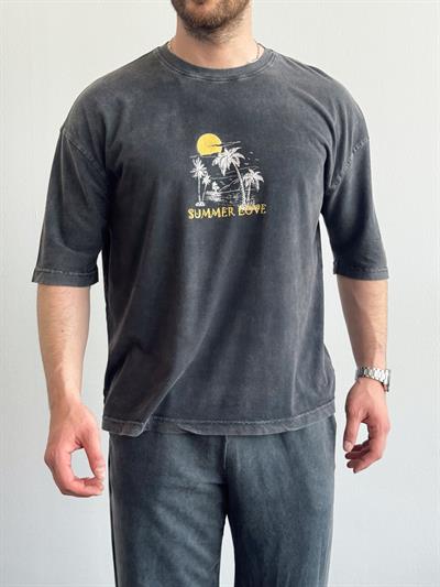 Erkek Yüksek Kalite Oversize Kalıp Bisiklet Yaka Summer Love Baskılı T-Shirt-Siyah(E1419)