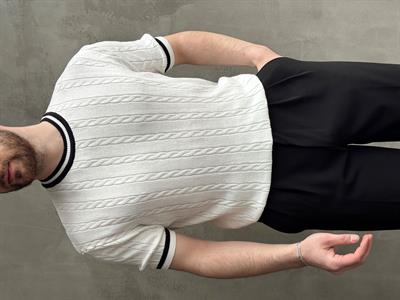 Erkek Yüksek Kalite Oversize Kalıp Bisiklet Yaka Örgü Detaylı Triko T-Shirt-Beyaz(E1662)