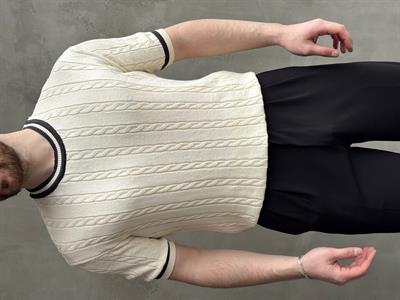 Erkek Yüksek Kalite Oversize Kalıp Bisiklet Yaka Örgü Detaylı Triko T-Shirt-Krem(E1662)