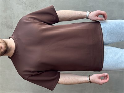 Erkek Yüksek Kalite Oversize Kalıp Bisiklet Yaka Yumuşak Dokulu Düz T-Shirt-Kahverengi(E1673)
