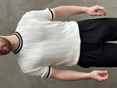 Erkek Yüksek Kalite Oversize Kalıp Bisiklet Yaka Örgü Detaylı Triko T-Shirt-Beyaz(E1662)