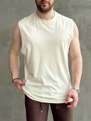 Erkek Yüksek Kalite Oversize Kalıp Bisiklet Yaka Sıfır Kol T-Shirt-Bej(E1730)