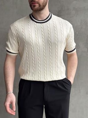 Erkek Yüksek Kalite Oversize Kalıp Bisiklet Yaka Örgü Detaylı Triko T-Shirt-Krem(E1662)