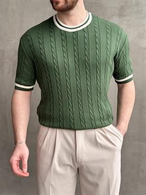 Erkek Yüksek Kalite Oversize Kalıp Bisiklet Yaka Örgü Detaylı Triko T-Shirt-Yeşil(E1662)