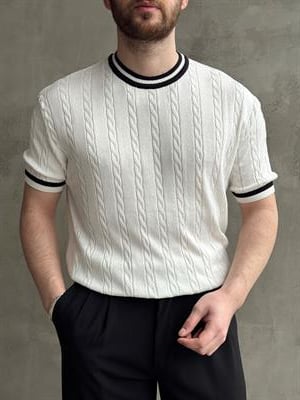 Erkek Yüksek Kalite Oversize Kalıp Bisiklet Yaka Örgü Detaylı Triko T-Shirt-Beyaz(E1662)