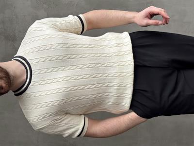 Erkek Yüksek Kalite Oversize Kalıp Bisiklet Yaka Örgü Detaylı Triko T-Shirt-Krem(E1662)