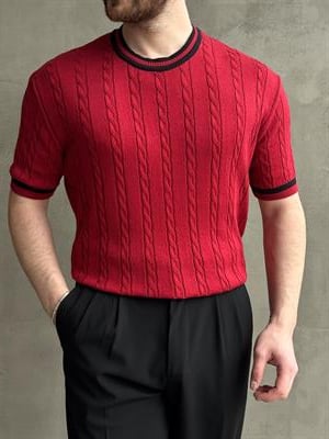 Erkek Yüksek Kalite Oversize Kalıp Bisiklet Yaka Örgü Detaylı Triko T-Shirt-Bordo(E1662)