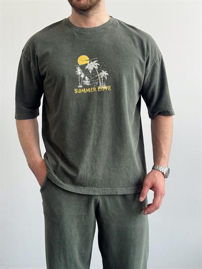 Erkek Yüksek Kalite Oversize Kalıp Bisiklet Yaka Summer Love Baskılı T-Shirt-Yeşil(E1419)