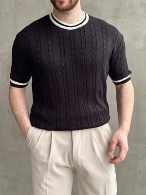 Erkek Yüksek Kalite Oversize Kalıp Bisiklet Yaka Örgü Detaylı Triko T-Shirt-Siyah(E1662)