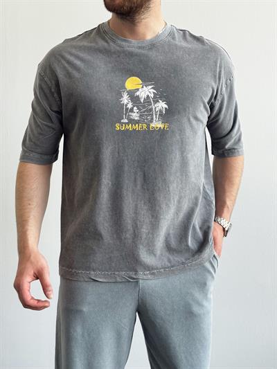 Erkek Yüksek Kalite Oversize Kalıp Bisiklet Yaka Summer Love Baskılı T-Shirt-Füme(E1419)