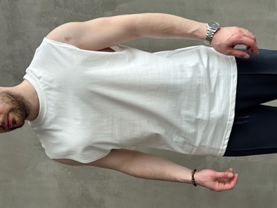 Erkek Yüksek Kalite Oversize Kalıp Bisiklet Yaka Sıfır Kol T-Shirt-Beyaz(E1730)