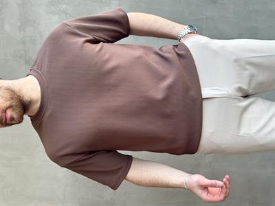Erkek Yüksek Kalite Oversize Kalıp Bisiklet Yaka Fitil Detaylı T-Shirt-Kahverengi(E1656)