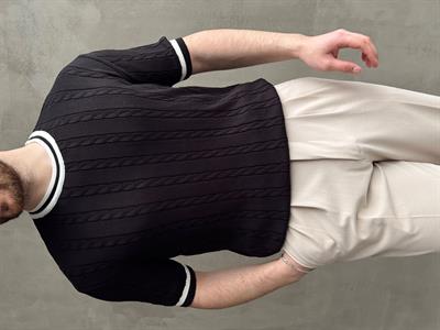 Erkek Yüksek Kalite Oversize Kalıp Bisiklet Yaka Örgü Detaylı Triko T-Shirt-Siyah(E1662)