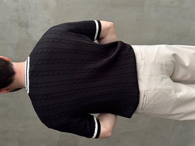 Erkek Yüksek Kalite Oversize Kalıp Bisiklet Yaka Örgü Detaylı Triko T-Shirt-Siyah(E1662)