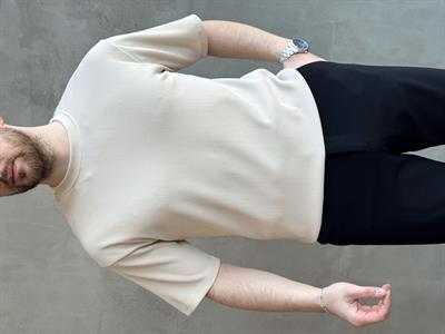 Erkek Yüksek Kalite Oversize Kalıp Bisiklet Yaka Fitil Detaylı T-Shirt-Bej(E1656)