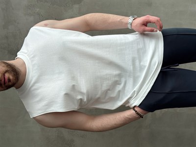 Erkek Yüksek Kalite Oversize Kalıp Bisiklet Yaka Sıfır Kol T-Shirt-Beyaz(E1730)