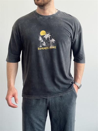 Erkek Yüksek Kalite Oversize Kalıp Bisiklet Yaka Summer Love Baskılı T-Shirt-Siyah(E1419)