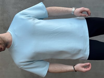Erkek Yüksek Kalite Oversize Kalıp Bisiklet Yaka Yumuşak Dokulu Düz T-Shirt-Bebe Mavi(E1673)