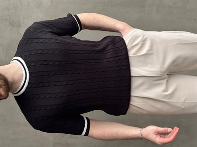 Erkek Yüksek Kalite Oversize Kalıp Bisiklet Yaka Örgü Detaylı Triko T-Shirt-Siyah(E1662)