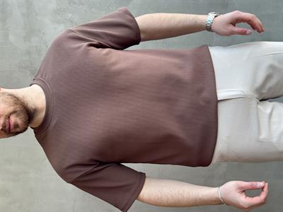 Erkek Yüksek Kalite Oversize Kalıp Bisiklet Yaka Fitil Detaylı T-Shirt-Kahverengi(E1656)
