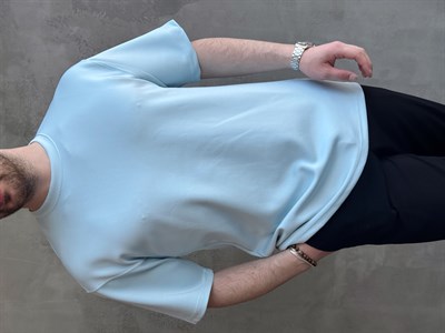 Erkek Yüksek Kalite Oversize Kalıp Bisiklet Yaka Yumuşak Dokulu Düz T-Shirt-Bebe Mavi(E1673)