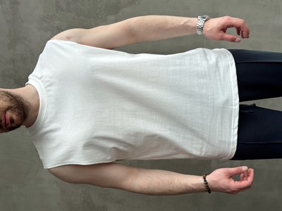 Erkek Yüksek Kalite Oversize Kalıp Bisiklet Yaka Sıfır Kol T-Shirt-Beyaz(E1730)